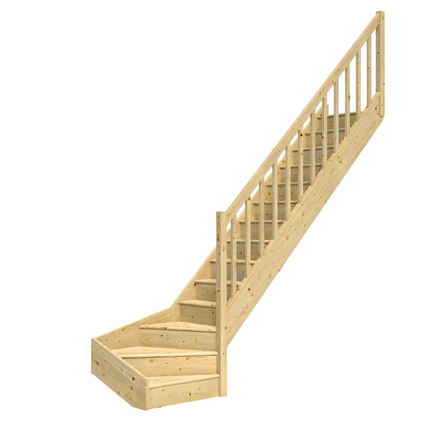 Raumspartreppe Paris mit Setzstufen Fichte unbeh. 1/4 gewendelt unten rechts Rechteckstäbe B 83,5cm GH bis 318 cm