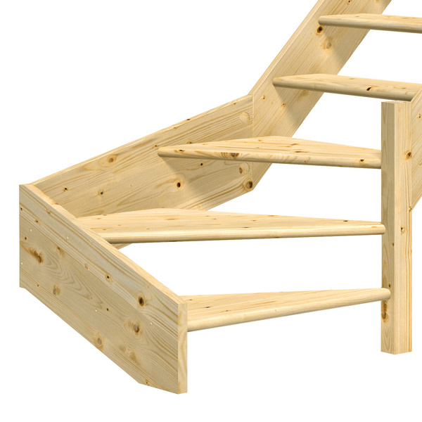 Raumspartreppe Paris ohne Setzstufen Fichte unbeh. 1/4 gewendelt unten rechts B 83,5cm GH bis 318 cm