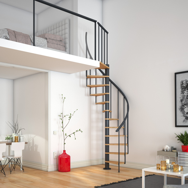 Spindeltreppe Calgary Ø120cm anthrazit Stufen Multiplexholz Buche Geschosshöhe 244,8-280,8cm