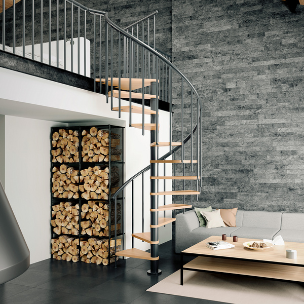 Spindeltreppe Montreal, Ø140cm anthrazit Stufen Multiplexholz , Geschosshöhe 252-282, Einzelstab