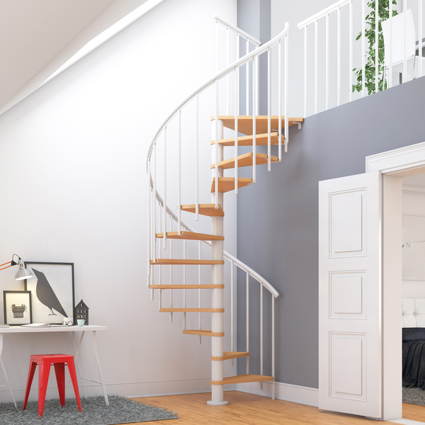 Spindeltreppe Montreal Ø120cm weiß Stufen Multiplexholz Buche Geschosshöhe 252 – 282cm