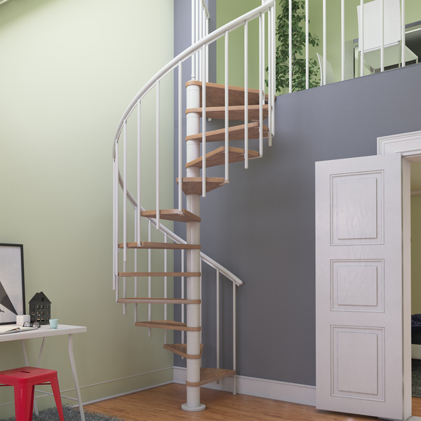 Spindeltreppe Montreal, Ø120cm weiß Stufen Eiche, lackiert, Geschosshöhe 252-282, Einzelstab