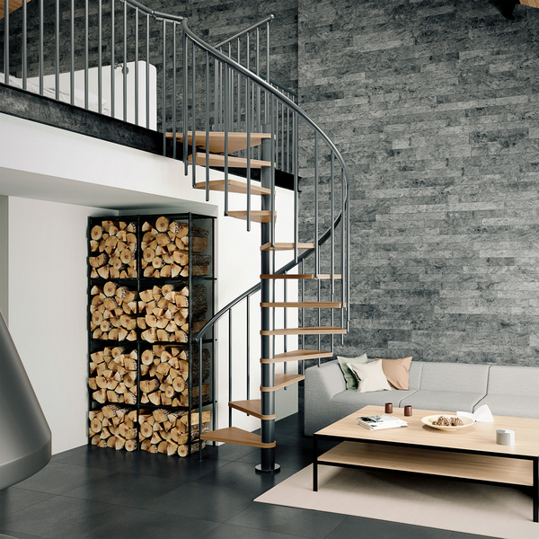 Spindeltreppe Montreal, Ø140cm anthrazit Stufen Eiche, lackiert, Geschosshöhe 252-282, Einzelstab