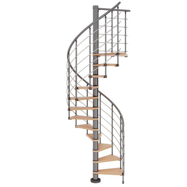 Spindeltreppe Oslo Ø120cm grau Stufen Buche Leimholz 11 Stufen, Geschosshöhe 252-276cm Edelstahlstäbe