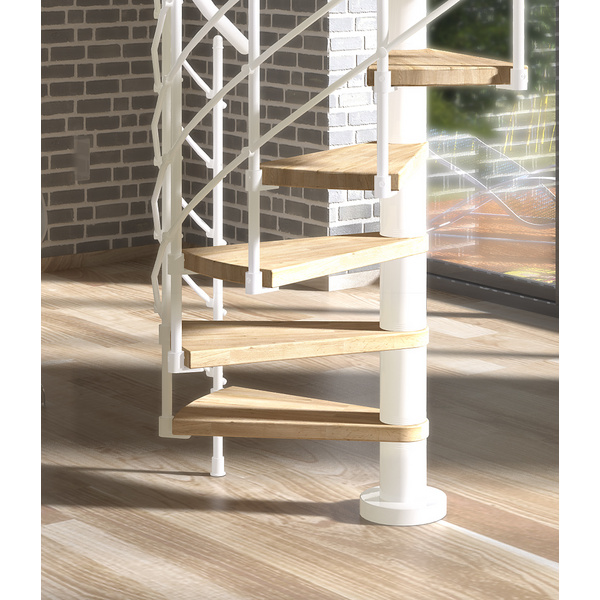 Spindeltreppe Oslo Ø120cm weiß Stufen Eiche Leimholz 11 Stufen, Geschosshöhe 252-276cm Kunststoffstäbe