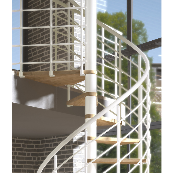 Spindeltreppe Oslo Ø120cm weiß Stufen Eiche Leimholz 11 Stufen, Geschosshöhe 252-276cm Kunststoffstäbe