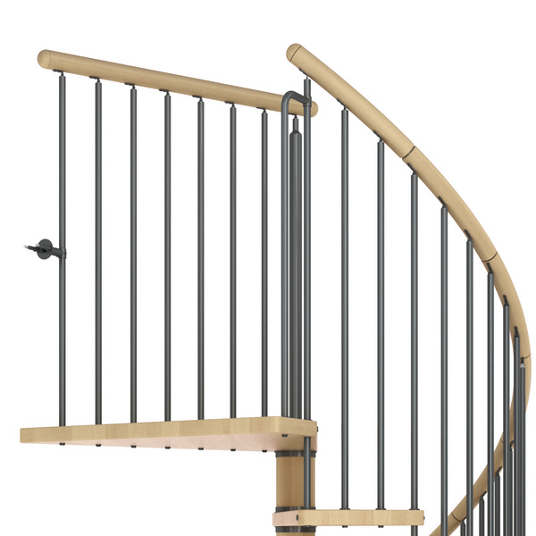 Spindeltreppe Winnipeg, Buche geölt, Ø120cm Metallteile grau pulverbesch., 11 Stufen, Geschoßhöhe 246-270cm Einzelstab