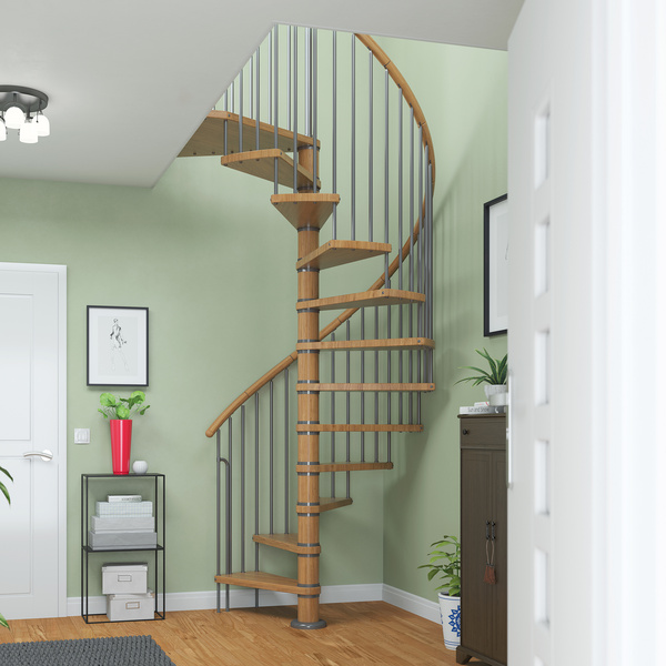 Spindeltreppe Winnipeg Eiche geölt Ø140cm Metallteile grau 14 Stufen, Geschoßhöhe 307,5 -367,5cm Einzelstab