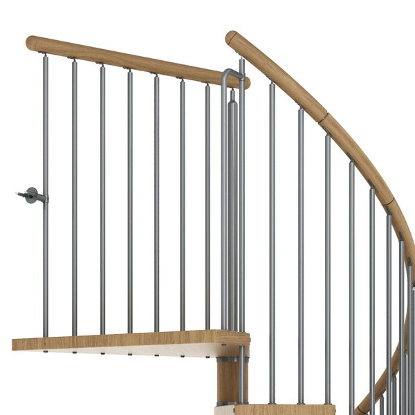 Spindeltreppe Winnipeg, Eiche geölt, Ø120cm Metallteile grau pulverbesch.,, Geschoßhöhe 292,5-315cm Einzelstab