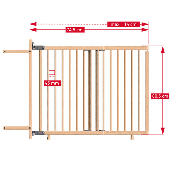 Kindersicherheitsgitter Jonas, Holzgitter inkl Pfostenbef.Einstellbare Breite 74,5-114cm, Höhe 80,5cm