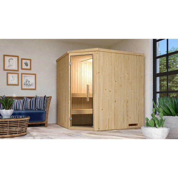 Elementsauna VARBERG Eck Gr. 2 Sparset 7, 5 kW BioS inkl. digitaler Steuerung, Glastür