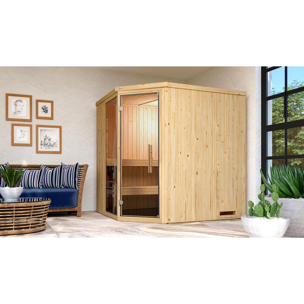 Elementsauna VARBERG Gr. 2 Sparset 7, 5 kW BioS inkl. digitaler Steuerung, Glastür und Fenster
