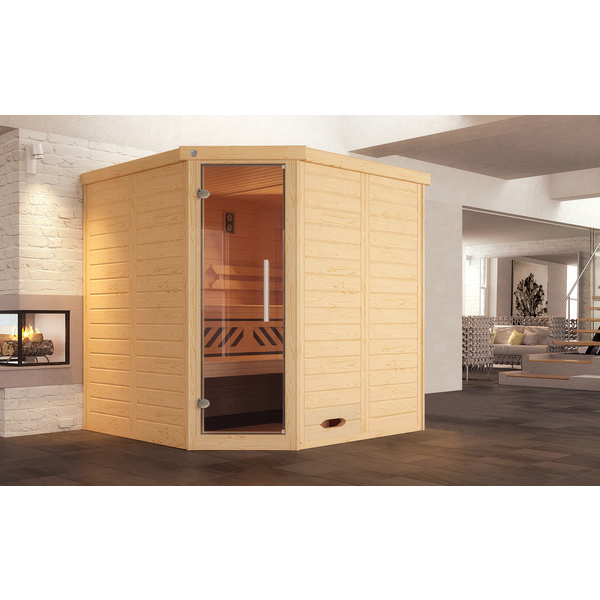 Premium Massivholz-Elementsauna KEMI Eck Gr. 2 Sparset 7, 5 kW OS inkl. digitaler Steuerung