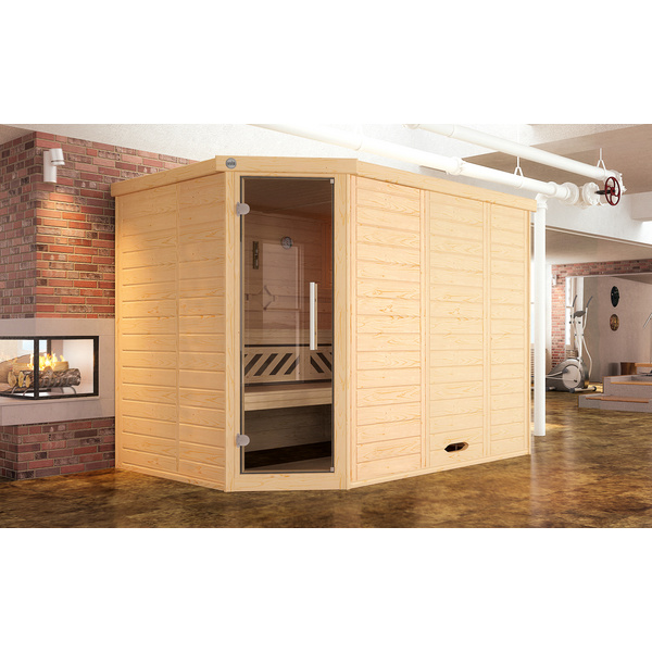 Premium Massivholz-Elementsauna KEMI Eck Gr. 3 Sparset 7, 5 kW BioS inkl. digitaler Steuerung