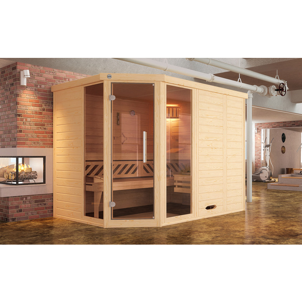 Premium Massivholz-Elementsauna KEMI Eck Gr. 3 Sparset 7, 5 kW OS inkl. digitaler Steuerung, Edelstahl-/Holzgriff