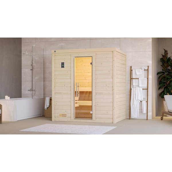 Premium Massivholz-Sauna BERGENGr. 1 Sparset 7, 5 kW OS inkl. digitaler Steuerung, Glastür 1 GT