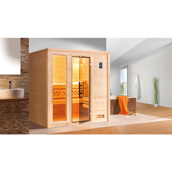Premium Massivholz-Sauna BERGEN Gr. 1.8 Sparset 7, 5 kW BioS inkl. digitaler Steuerung 1.8 GTF
