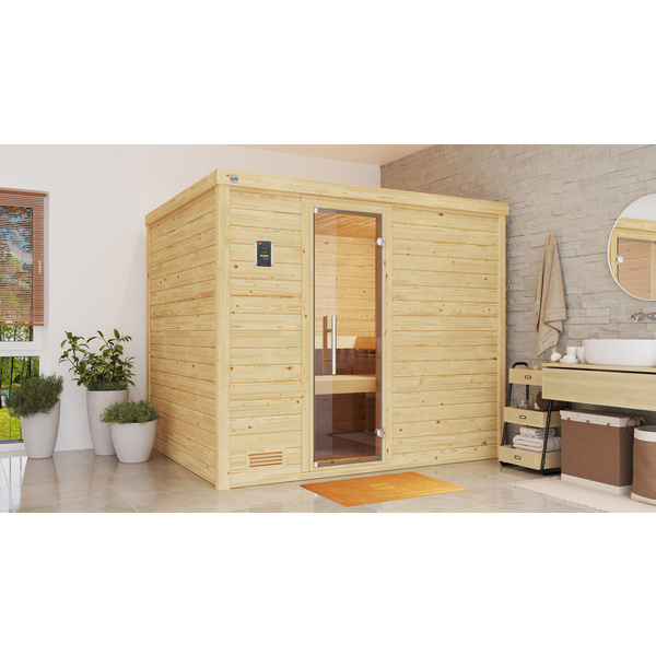 Premium Massivholz-Sauna BERGENGr. 3 Sparset 7, 5 kW OS inkl. digitaler Steuerung, Glastür 3 GT