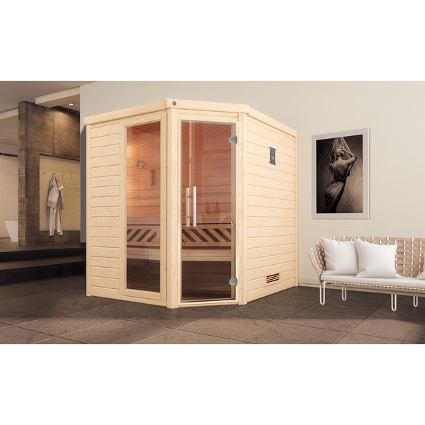Premium Massivholz-Sauna TURKU Gr. 2 Sparset 7, 5 kW BioS inkl. digitaler Steuerung 2 GTF