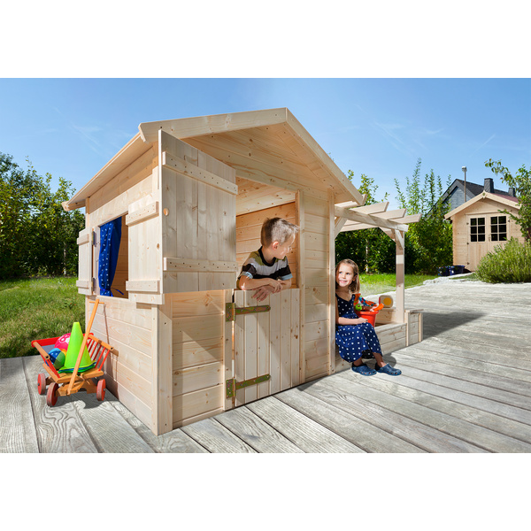 Tabaluga Spielplatz, natur, 21mm, bestehend aus Drachenhöhle, Sandkasten, Pergola und Schatztruhe mit Deckel