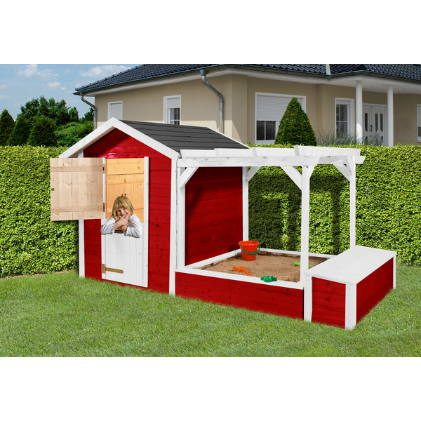 Tabaluga Spielplatz, rot/weiss, 21mm, bestehend aus Drachenhöhle, Sandkasten, Pergola und Schatztruhe mit Deckel