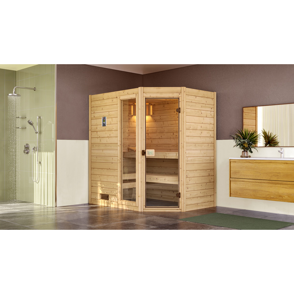 Massivholzsauna 38mm VALIDA Eck 1 GTF Sparset 1 inkl. BioS-Ofenset, Leuchtenset und Zubehör
