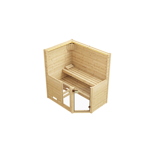Massivholzsauna 38mm VALIDA Eck 1 GTF Sparset 1 inkl. 4, 5 kW Kompakt-Ofenset, Leuchtenset und Zubehör