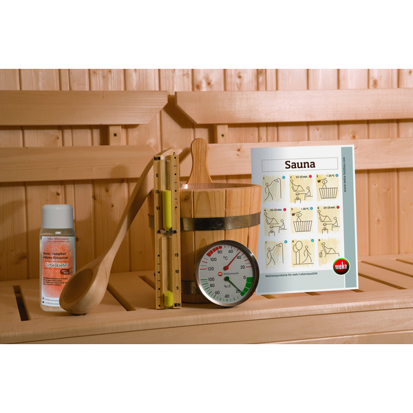 Massivholzsauna 38mm VALIDA Eck 1 GTF Sparset 1 inkl. 4, 5 kW Kompakt-Ofenset, Leuchtenset und Zubehör