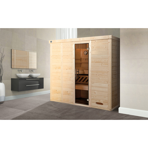 Premium Massivholz-Elementsauna KEMIGr. 5 Sparset 7, 5 kW BioS inkl. digitaler Steuerung