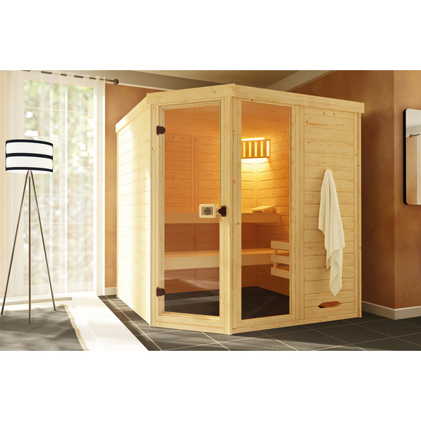 Massivholz-Elementsauna 38mm LAUKKALA 3 GTFSaunaleuchten-Set, Kompakt 9.0