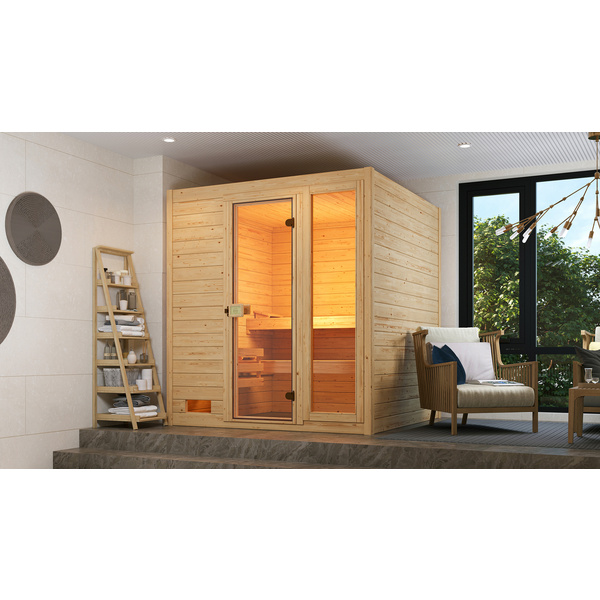 Massivholzsauna 38mm VALIDA 3 GTF Sparset inkl. 9, 0 kW Kompakt-Ofenset und Sauna-Leuchtenset