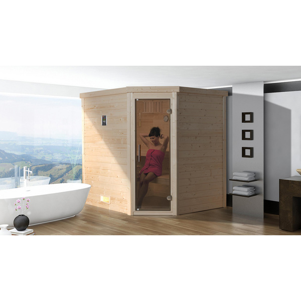 Premium-Massivholzsauna 45mm TURKU 1 GT Sparset 1 inkl. 7, 5 kW OS-Ofenset und Sauna-Leuchtenset