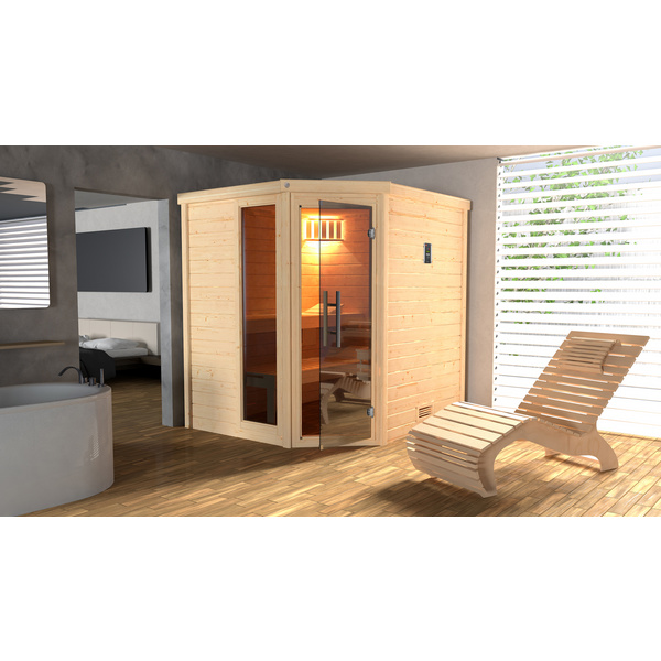 Premium-Massivholzsauna 45mm TURKU 1 GTF Sparset 1 inkl. 7, 5 kW OS-Ofenset und Sauna-Leuchtenset