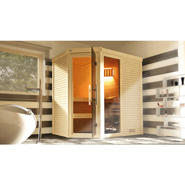 Design-Massivholzsauna CUBILIS ECK 1 inkl. Sauna-Leuchtenset, Lieferung und Montage