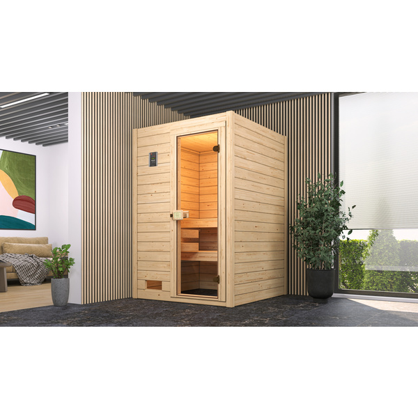 Massivholz-Sauna VALIDAGr. 1 Sparset 4, 5 kW OS inkl. digitaler Steuerung, Glastür 1 GT