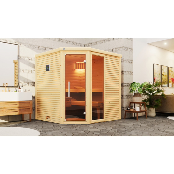 Design-Sauna CUBILIS Gr. 2 Sparset 7, 5 kW OS inkl. digitaler Steuerung, Glastür und Fenster
