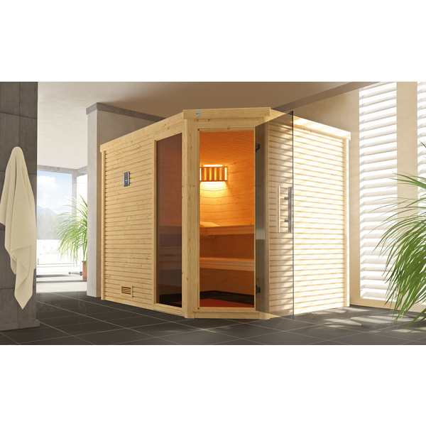Design-Sauna CUBILIS Gr. 3 Sparset 7, 5 kW BioS inkl. digitaler Steuerung, Glastür und Fenster