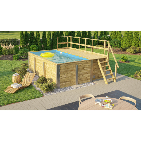 Massivholzpool 595 Gr. 1, Folie Blau, inkl. Sonnendeck und Sandfilteranlage, 6 Metallstützen