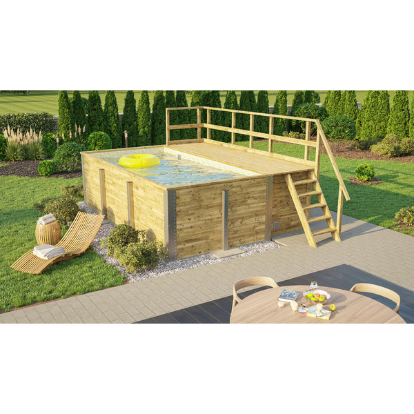 Massivholzpool 595 Gr. 1, Folie Sand/Mosaik, inkl. Sonnendeck und Sandfilteranlage, 6 Metallstützen