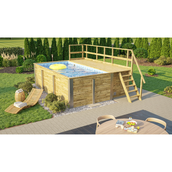 Massivholzpool 595 Gr. 1, Folie Blau/Mosaik, inkl. Sonnendeck und Sandfilteranlage, 6 Metallstützen