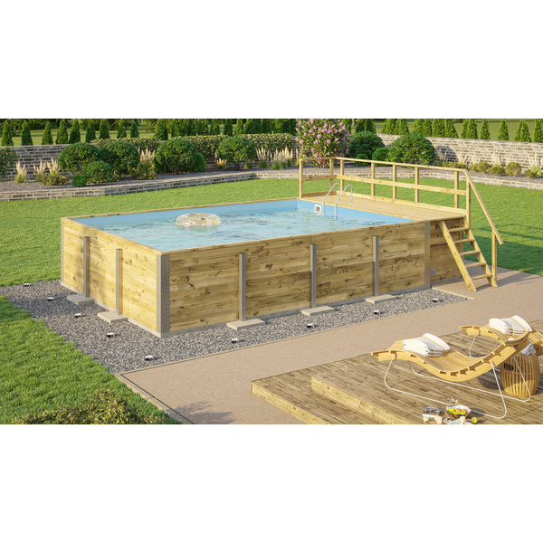 Massivholzpool 595 Gr. 2, Folie Blau, inkl. Sonnendeck und Sandfilteranlage, 10 Metallstützen