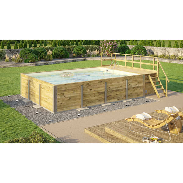 Massivholzpool 595 Gr. 2, Folie Sand, inkl. Sonnendeck und Sandfilteranlage, 10 Metallstützen
