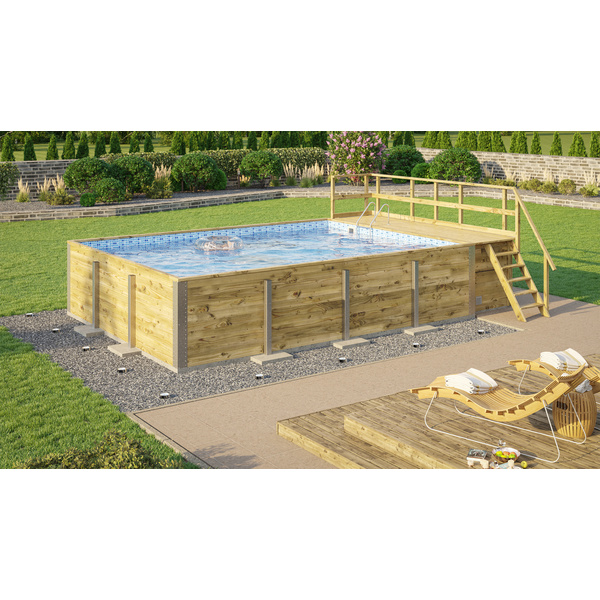 Massivholzpool 595 Gr. 2, Folie Blau/Mosaik, inkl. Sonnendeck und Sandfilteranlage, 10 Metallstützen