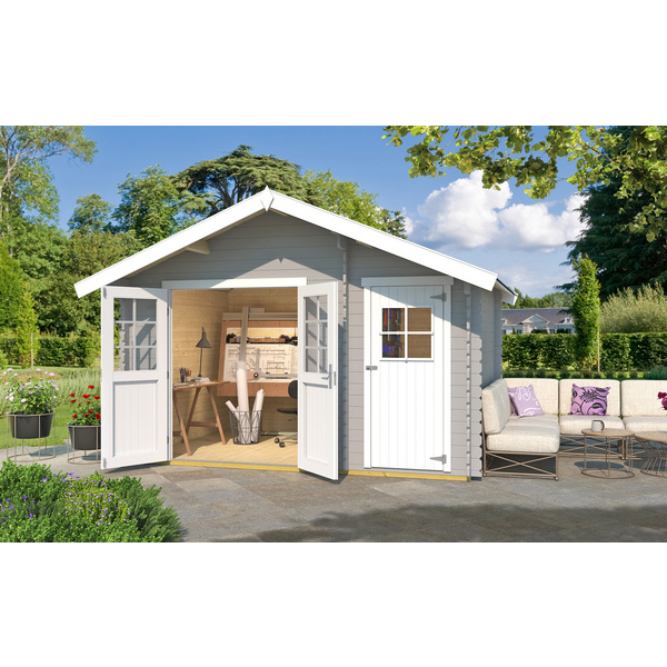 Gartenhaus 253 Gr.2 hellgrau, 28mm, DT, Nebenraum ET, V50, mit 2. Raum