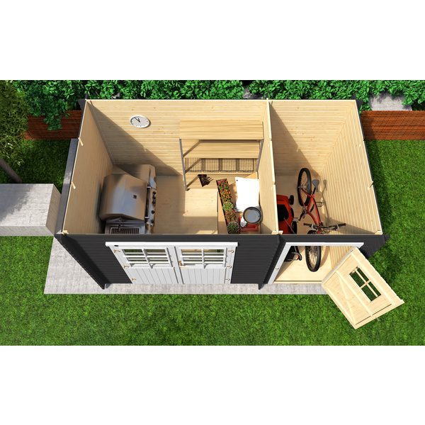 Gartenhaus 254 Gr.1 graphitgrau, 28mm, DT, Nebenraum ET, mit 2. Raum