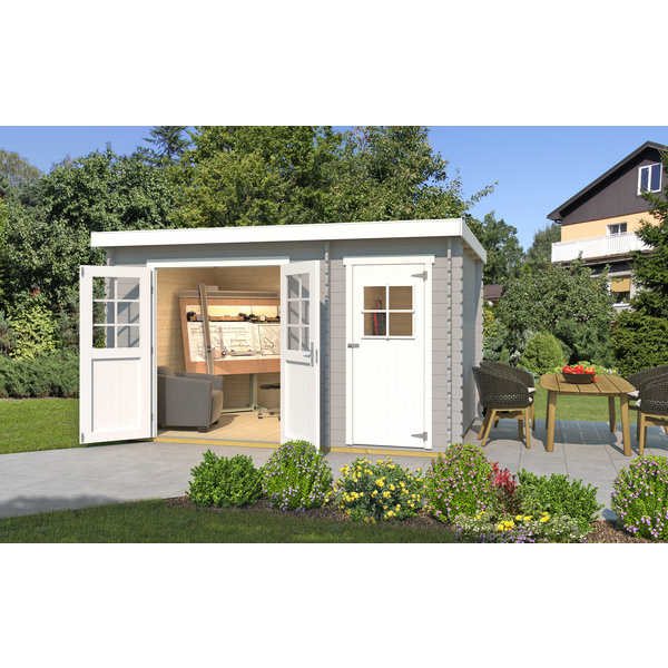 Gartenhaus 254 Gr.2, hellgrau, 28mm, DT, Nebenraum ET, mit 2. Raum