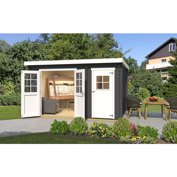 Gartenhaus 254 Gr.2, graphitgrau, 28mm, DT, Nebenraum ET, mit 2. Raum