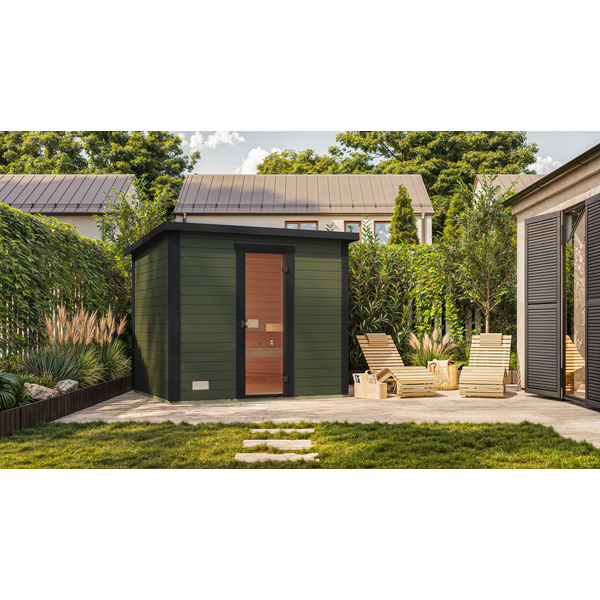 Gartensauna Kaapi 4 graugrün mit Ofenschutz