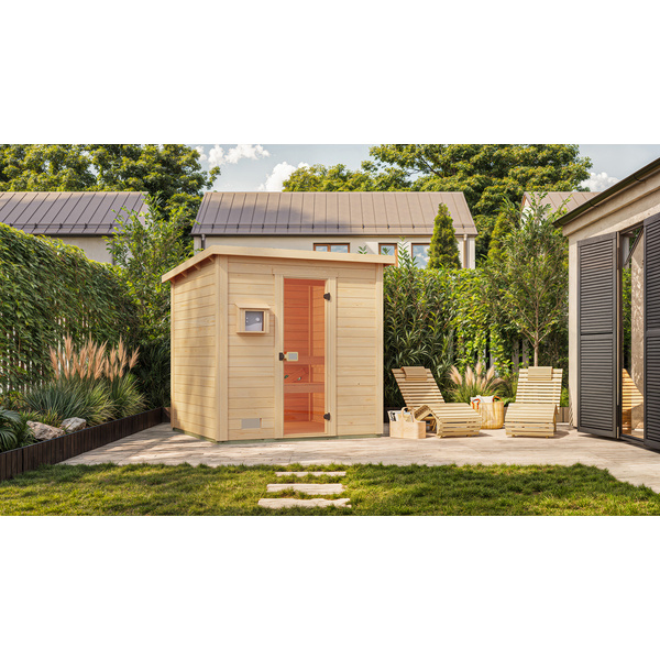 Gartensauna Kaapi 3 mit 400V Klassik-Ofen, analoge Steuerung, Ofenschutz, Saunasteine, Anschlusskabel