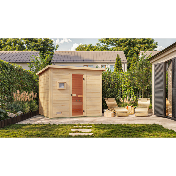 Gartensauna Kaapi 4 mit 400V Klassik-Ofen, analoge Steuerung, Ofenschutz, Saunasteine, Anschlusskabel